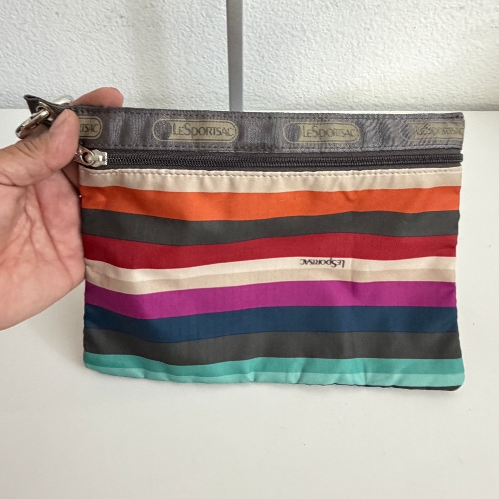 LeSportsac Multi Color Striped Nylon Zipper Pouch Cosmetic Bag Travel Organizer